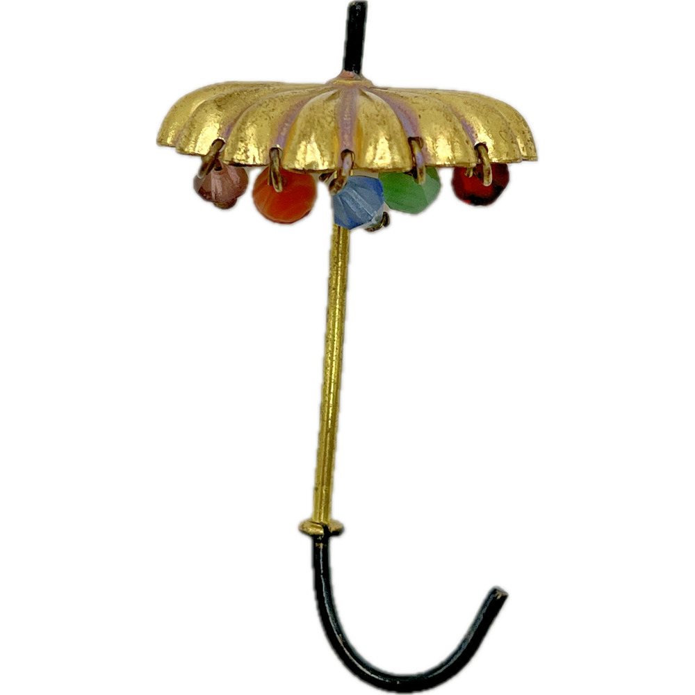 Vintage 3D Figural Umbrella Brooch Crystal Dangle Raindrops Rain Costume Jewelry
